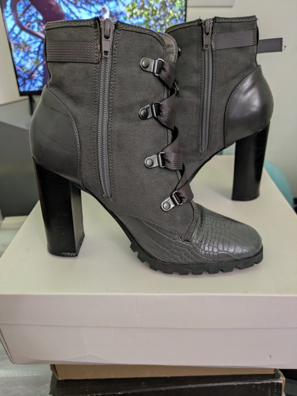 JustFab Gray Croc-Textured High Heel Ankle Boots